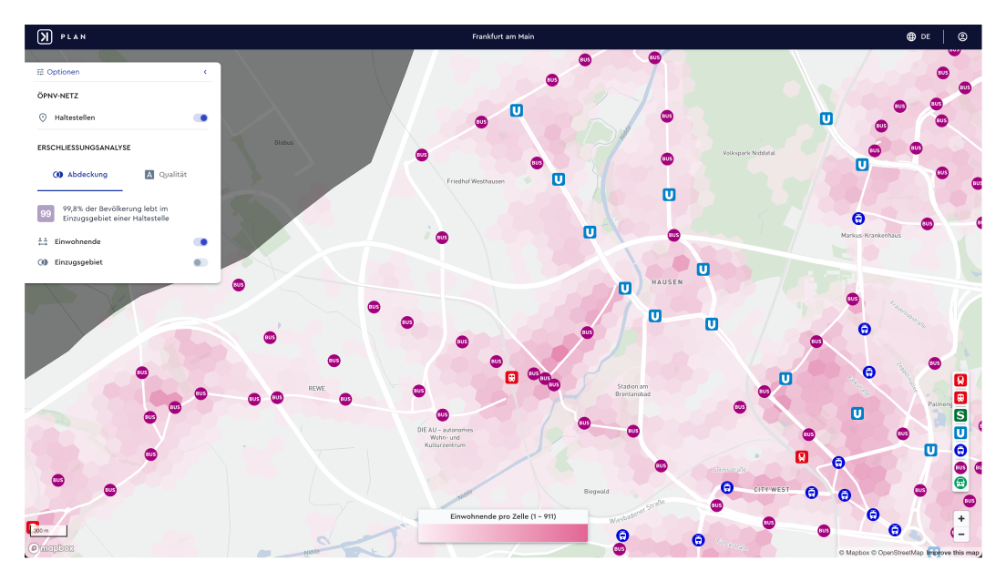 Screenshot of public transport coverage